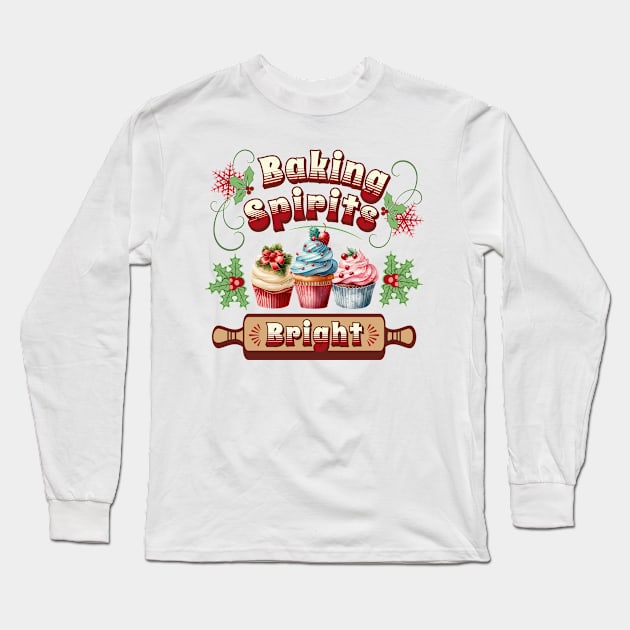 Baking Spirits Bright Vintage Christmas Cupcakes Long Sleeve T-Shirt by TheCloakedOak